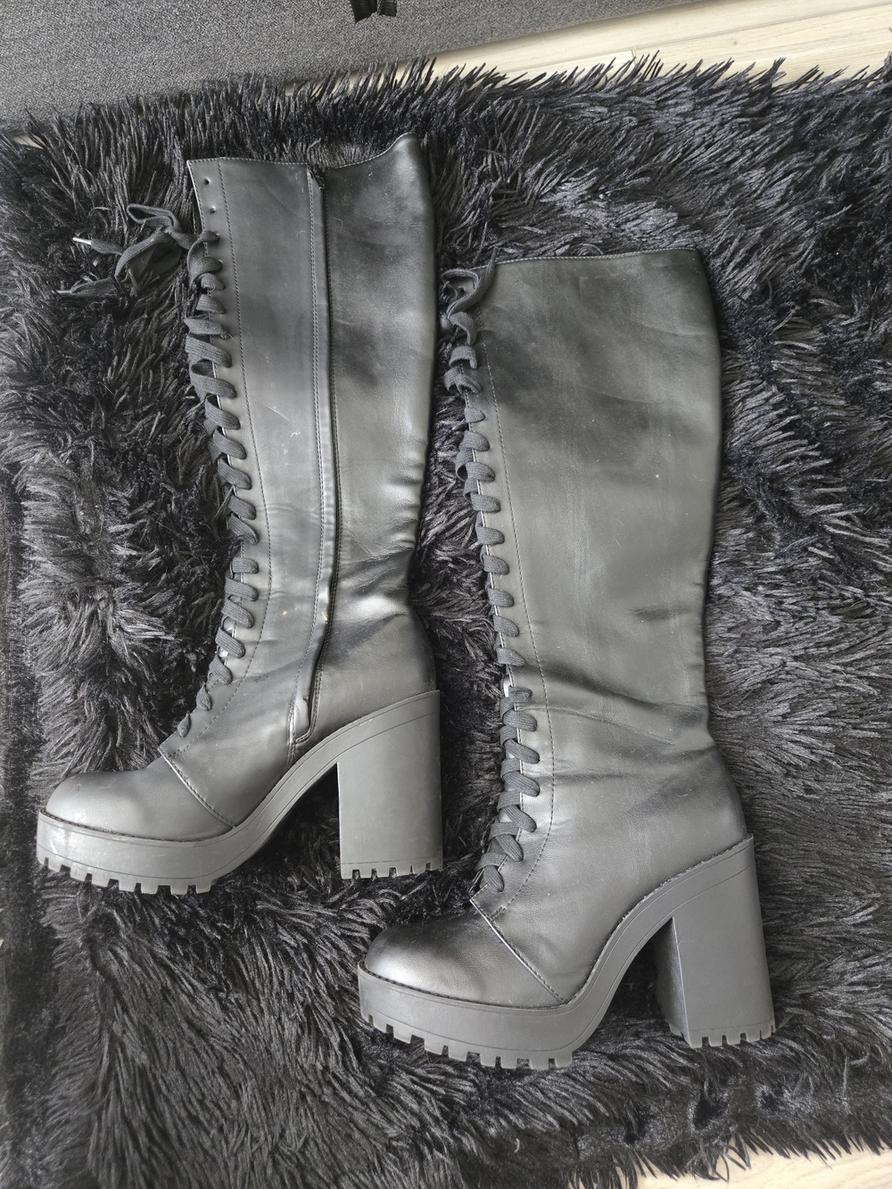 H&M Black Lace-Up Platform Knee-High Heeled Boots